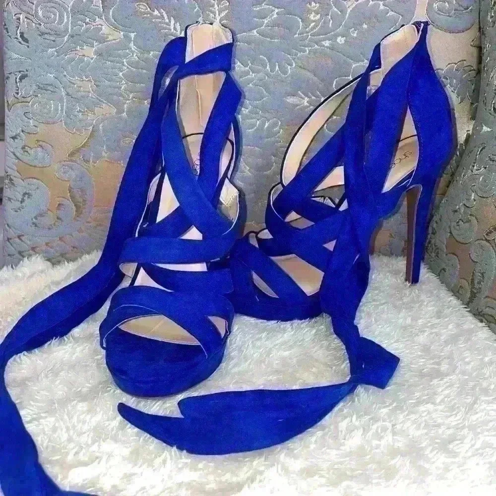 NEW Women's Blue Wrap Around Platform Heels Size 6.5